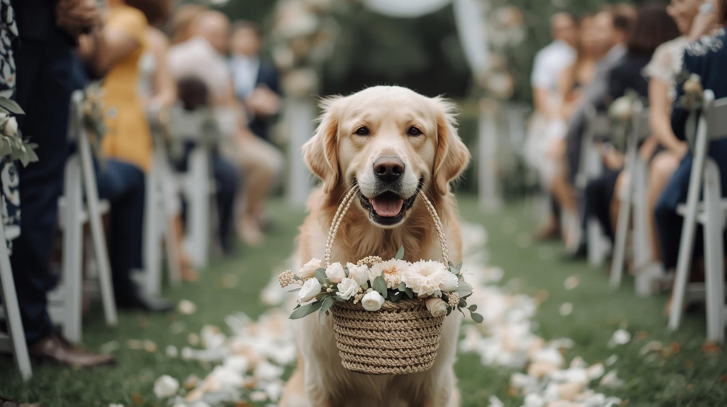 Hund-bei-der-Hochzeit-mit-Blumenkorb